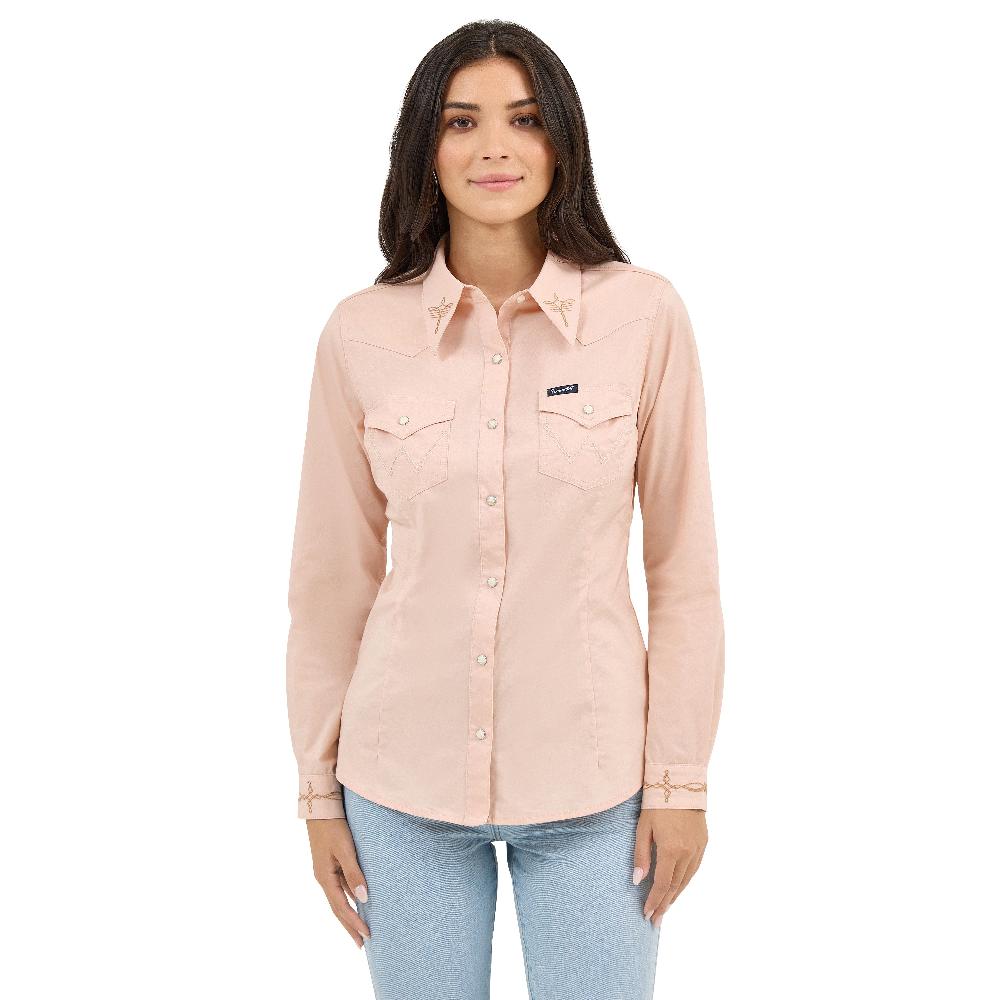 le bos Wrangler Pink Embroidered Collar Slim Women's Western Snap Shirt 112372603