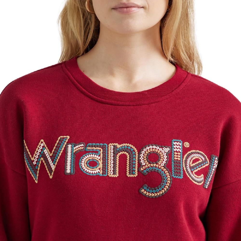 Le Bos Wrangler Red Crochet Print Logo Women's Pullover Sweatshirt 112356690