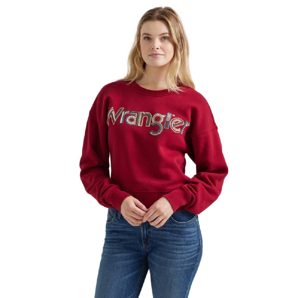 le bos Wrangler Red Crochet Print Logo Women's Pullover Sweatshirt 112356690