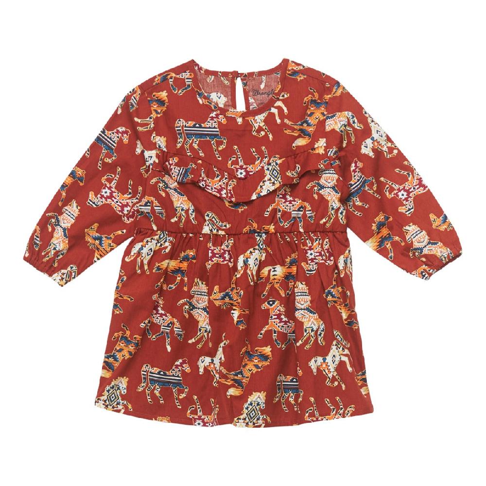 le bos Wrangler Red Multi Aztec Horse Ruffle Yoke Toddler Girl Dress 112353051