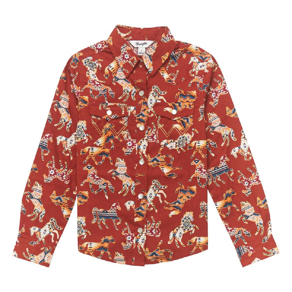 le bos Wrangler Red Multi Aztec Print Horse Girls Collared Long Sleeve Western Snap Shirt 112353022