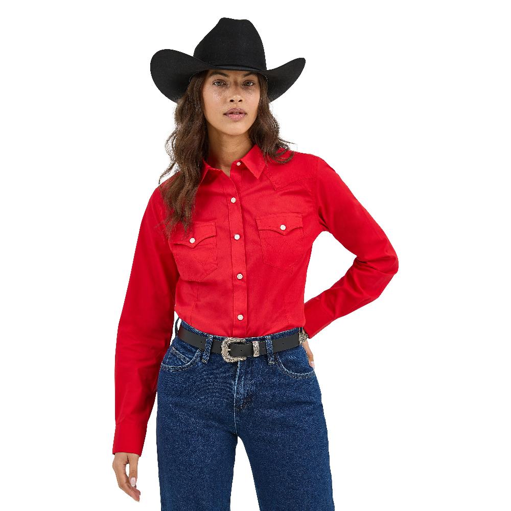 Le Bos Wrangler Red Retro Women's Collared Long Sleeve Solid Button Front Shirt 112358017