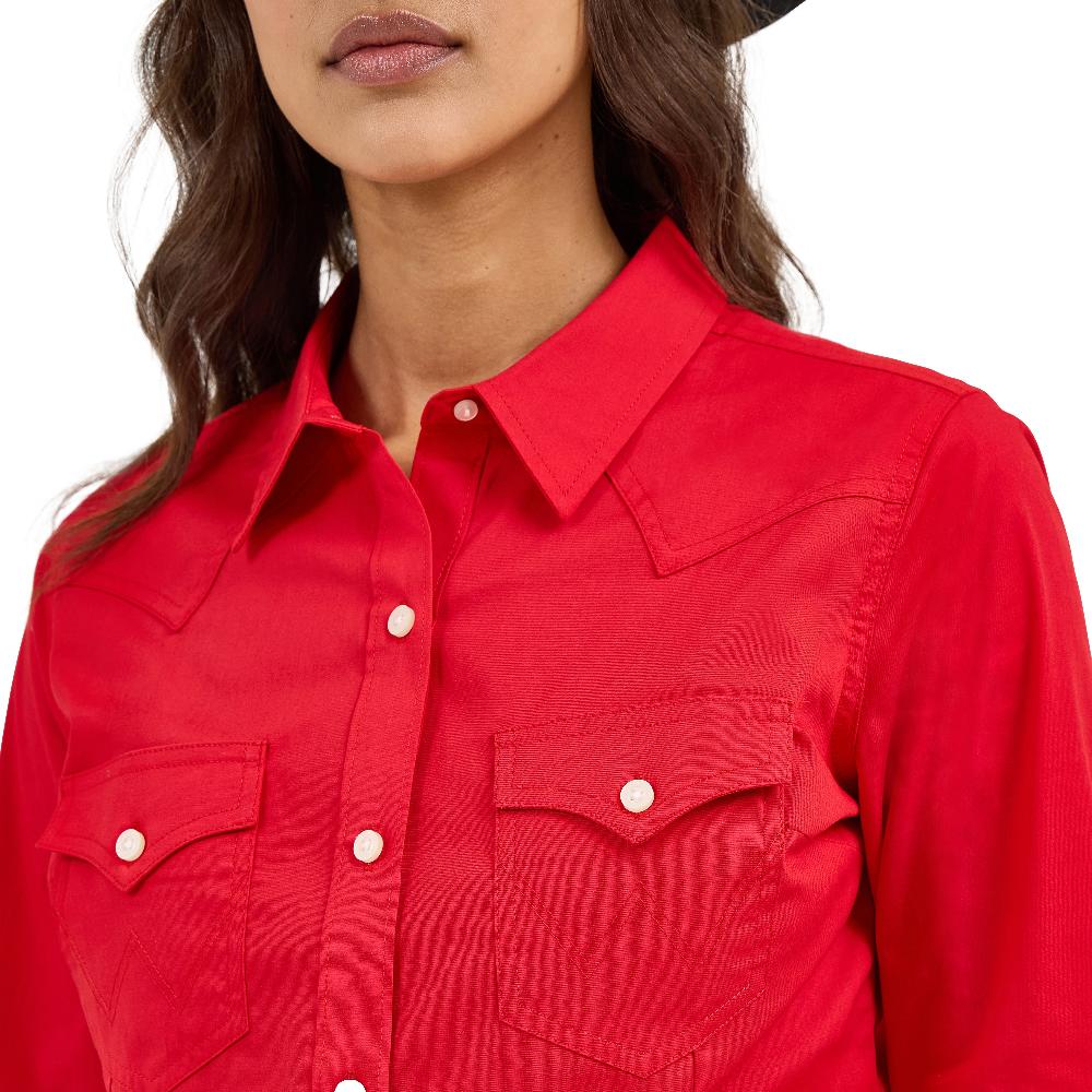 Le Bos Wrangler Red Retro Women's Collared Long Sleeve Solid Button Front Shirt 112358017