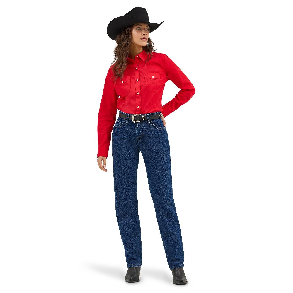 Le Bos Wrangler Red Retro Women's Collared Long Sleeve Solid Button Front Shirt 112358017