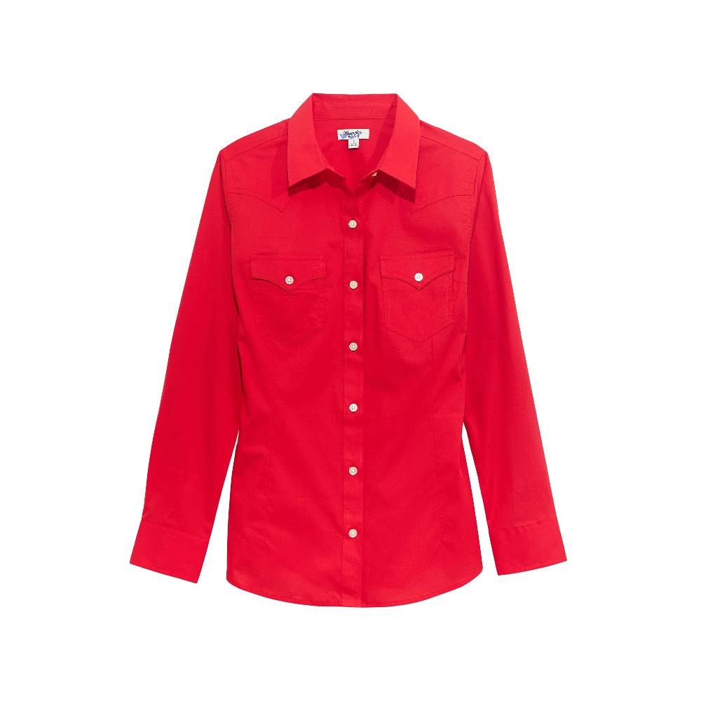 le bos Wrangler Red Retro Women's Collared Long Sleeve Solid Button Front Shirt 112358017