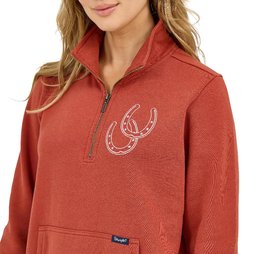 Le Bos Wrangler Rust Western Quarter Zip Women's Sweatshirt With Horseshoe Graphic 112371636