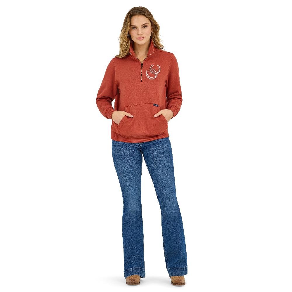 Le Bos Wrangler Rust Western Quarter Zip Women's Sweatshirt With Horseshoe Graphic 112371636