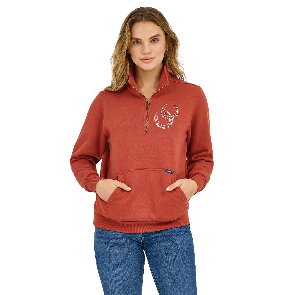 le bos Wrangler Rust Western Quarter Zip Women's Sweatshirt with Horseshoe Graphic 112371636