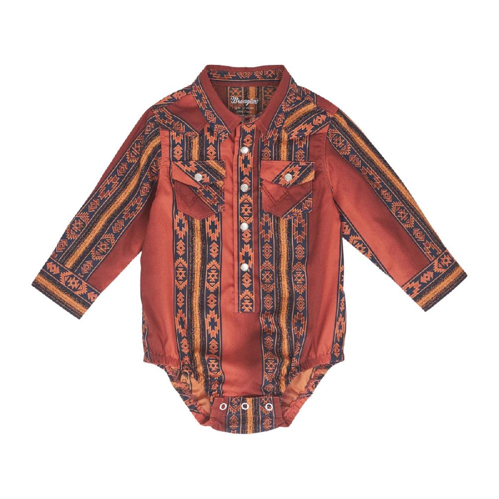 le bos Wrangler Rust with Vertical Print Checotah Collared Long Sleeve Baby Onesie 112352766