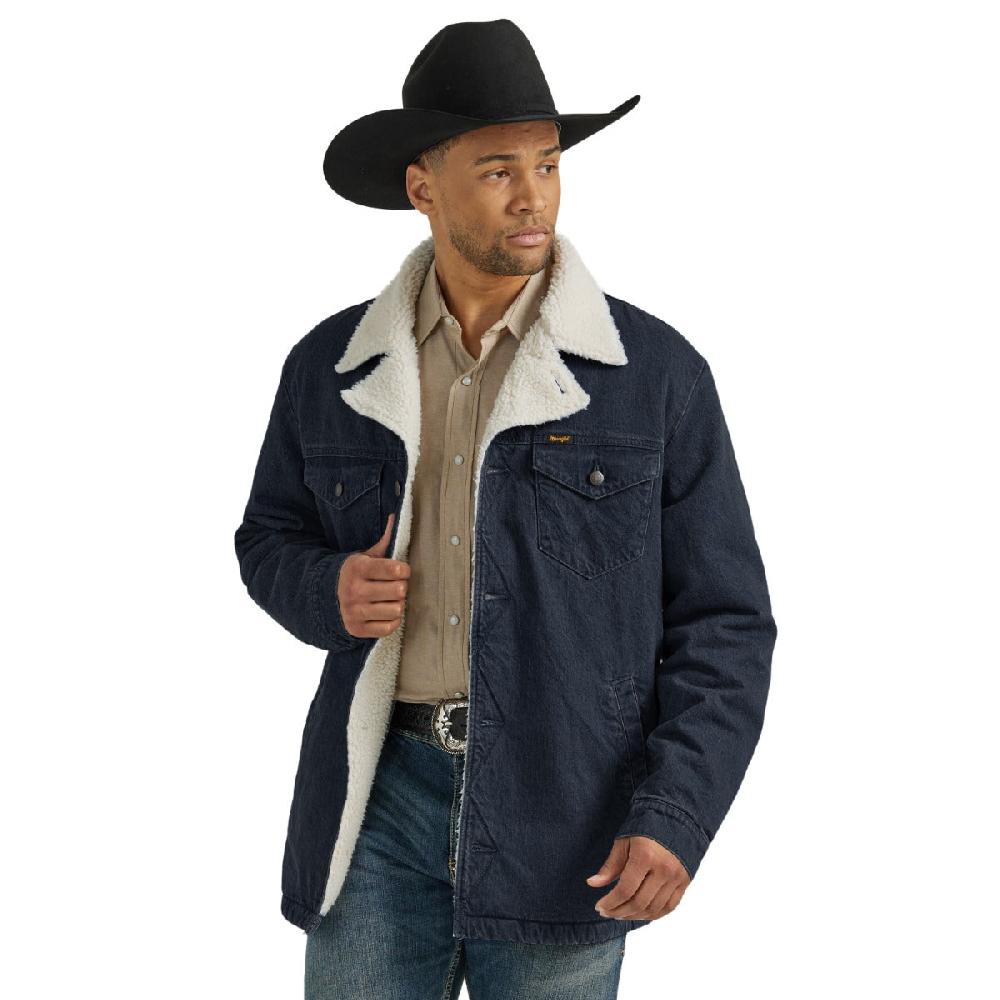 le bos Wrangler Rustic Navy Western Sherpa Lined Denim Wrange Jacket 112353374