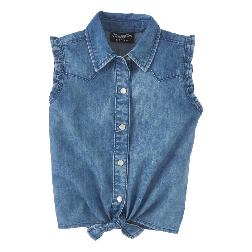 Wrangler Sea Blue Girl's Sleeveless Denim Tie Front Collared Shirt 112346582