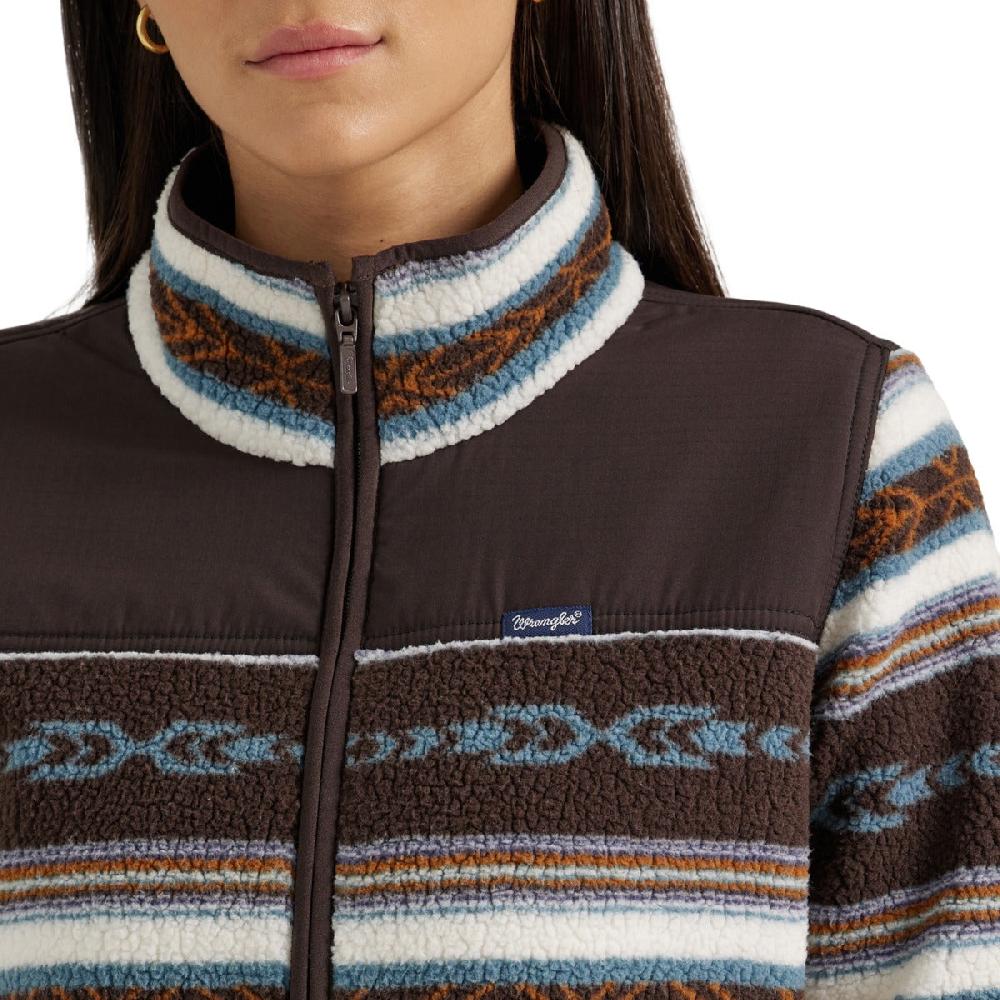 Le Bos Wrangler Serape Brown Women's Southwestern Contrast Full Zip Sherpa Jacket 112356674