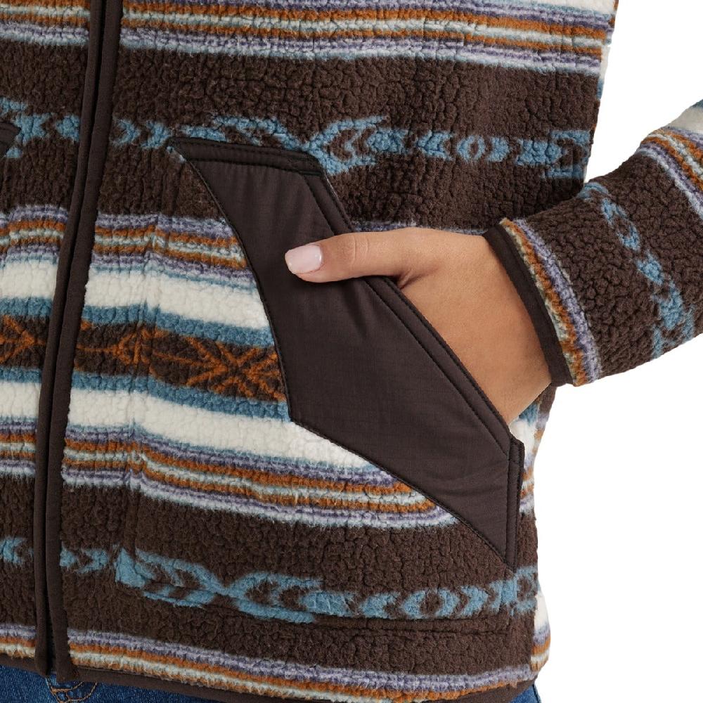 Le Bos Wrangler Serape Brown Women's Southwestern Contrast Full Zip Sherpa Jacket 112356674
