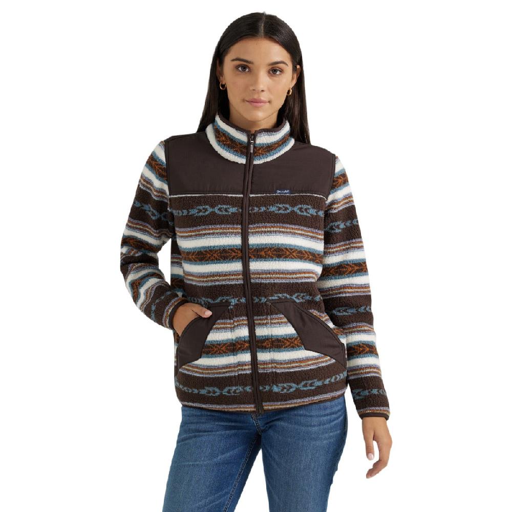 le bos Wrangler Serape Brown Women's Southwestern Contrast Full Zip Sherpa Jacket 112356674