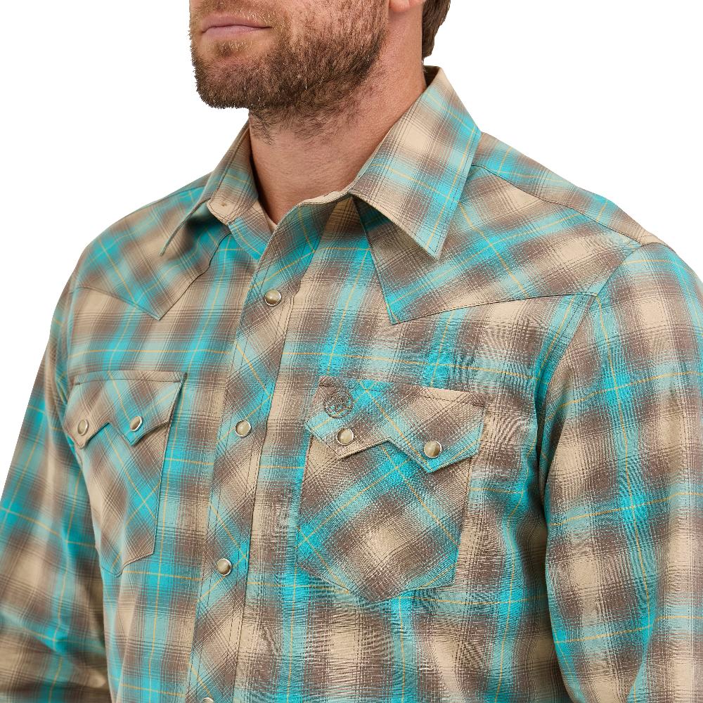 Le Bos Wrangler Tan/Aqua Retro Long Sleeve Sawtooth Men's Collared Snap Pocket Longsleeve Western Shirt 112369551