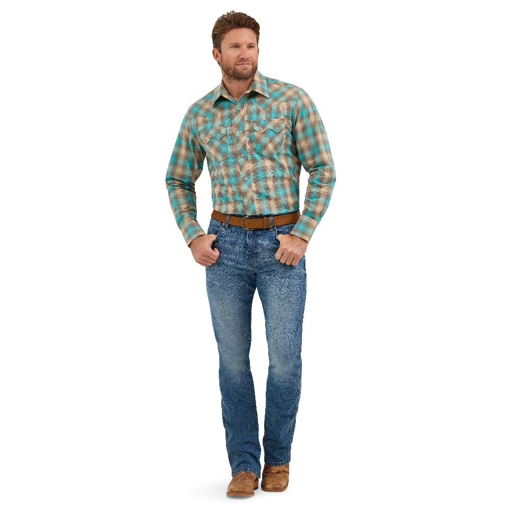Le Bos Wrangler Tan/Aqua Retro Long Sleeve Sawtooth Men's Collared Snap Pocket Longsleeve Western Shirt 112369551