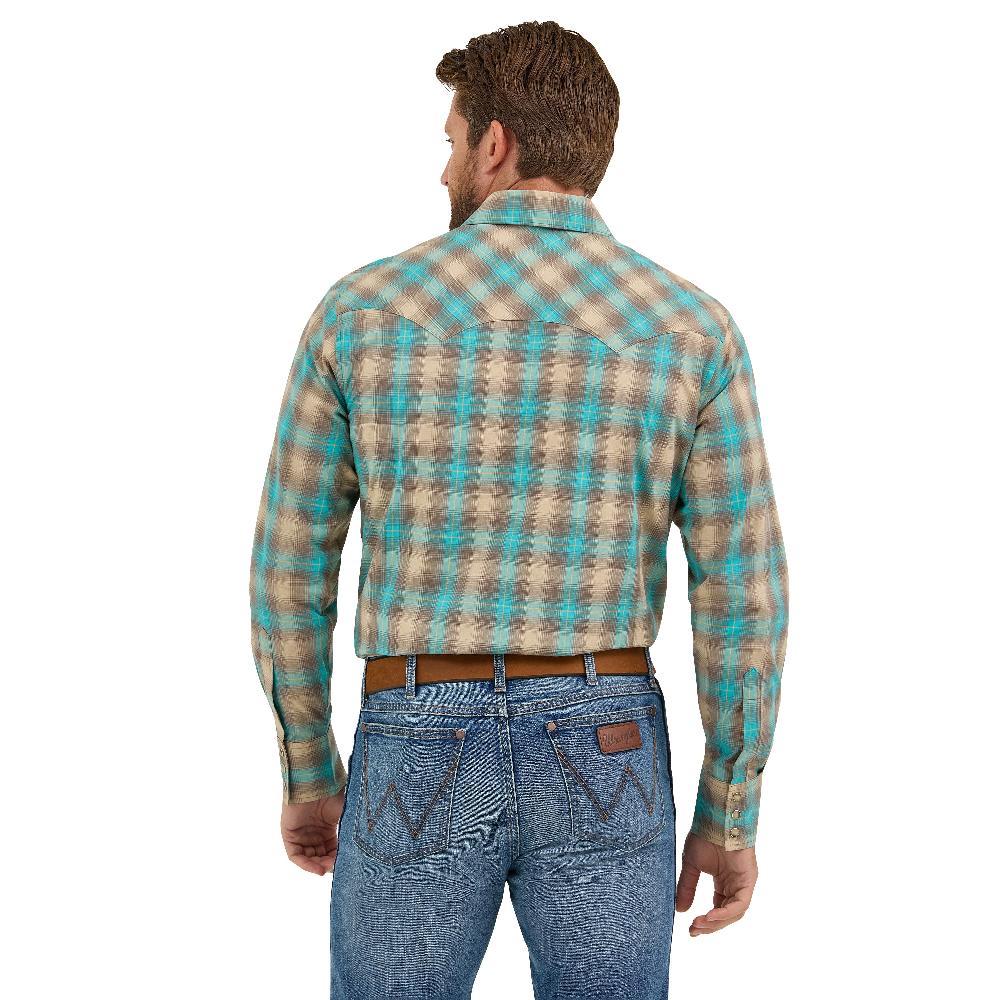 Le Bos Wrangler Tan/Aqua Retro Long Sleeve Sawtooth Men's Collared Snap Pocket Longsleeve Western Shirt 112369551