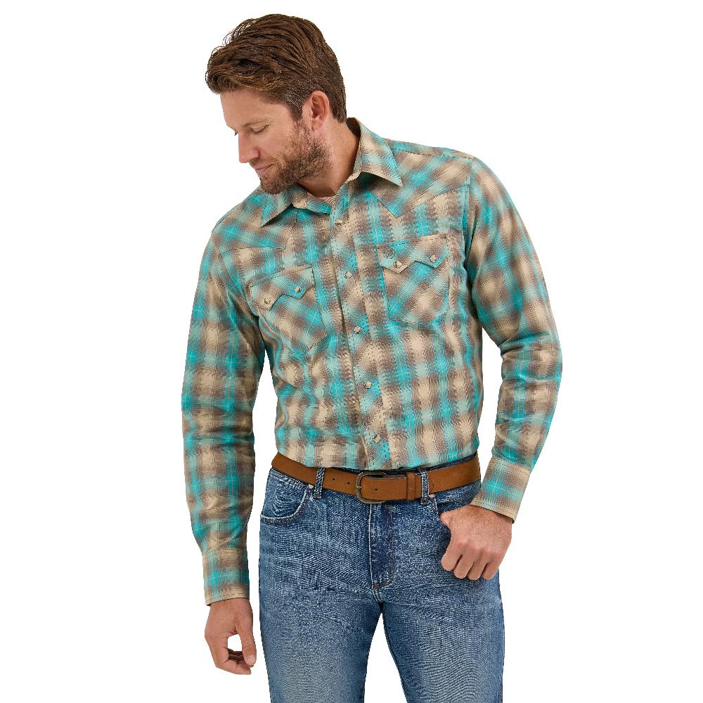le bos Wrangler Tan/Aqua Retro Long Sleeve Sawtooth Men's Collared Snap Pocket Longsleeve Western Shirt 112369551