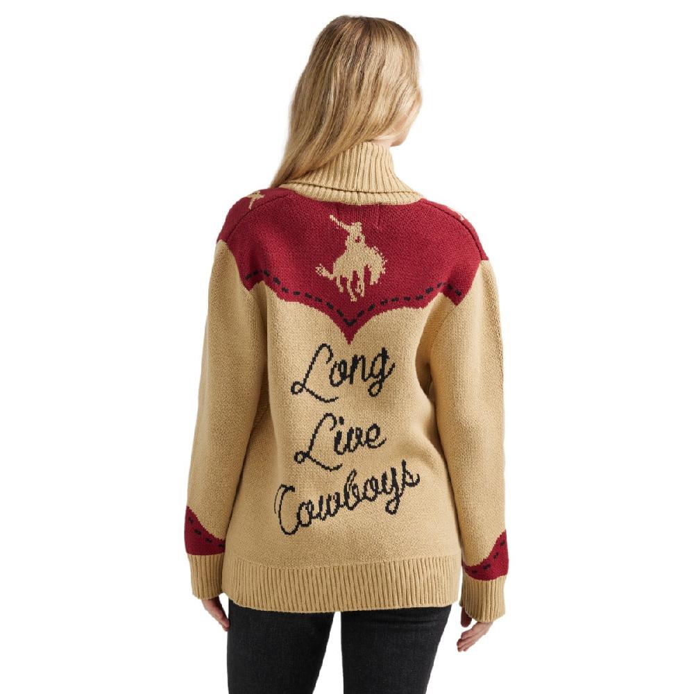 Le Bos Wrangler Tan Long Live Cowboys Shawl Collar Women's Cardigan Sweater 112356699