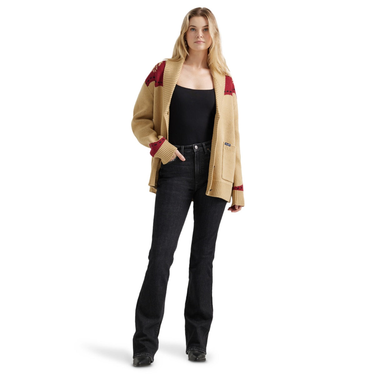 Le Bos Wrangler Tan Long Live Cowboys Shawl Collar Women's Cardigan Sweater 112356699