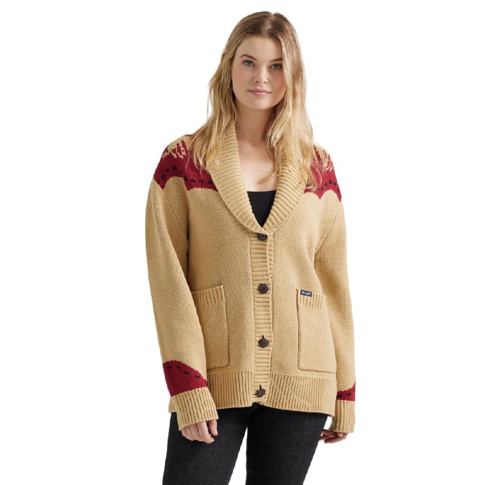 le bos Wrangler Tan Long Live Cowboys Shawl Collar Women's Cardigan Sweater 112356699