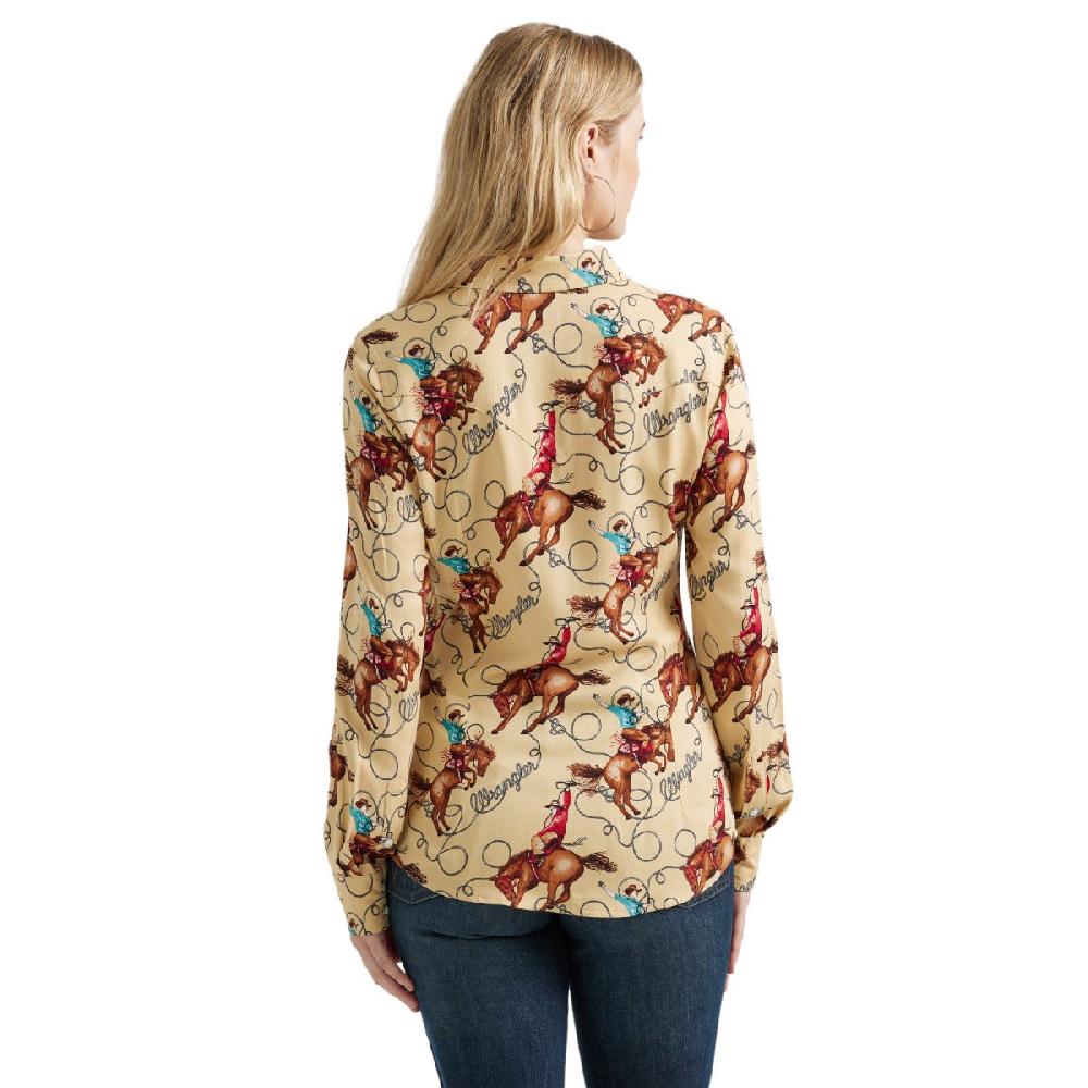 Le Bos Wrangler Tan With Print Women's Collared Longsleeve Saddle Up Slim Fit Shirt 112356642