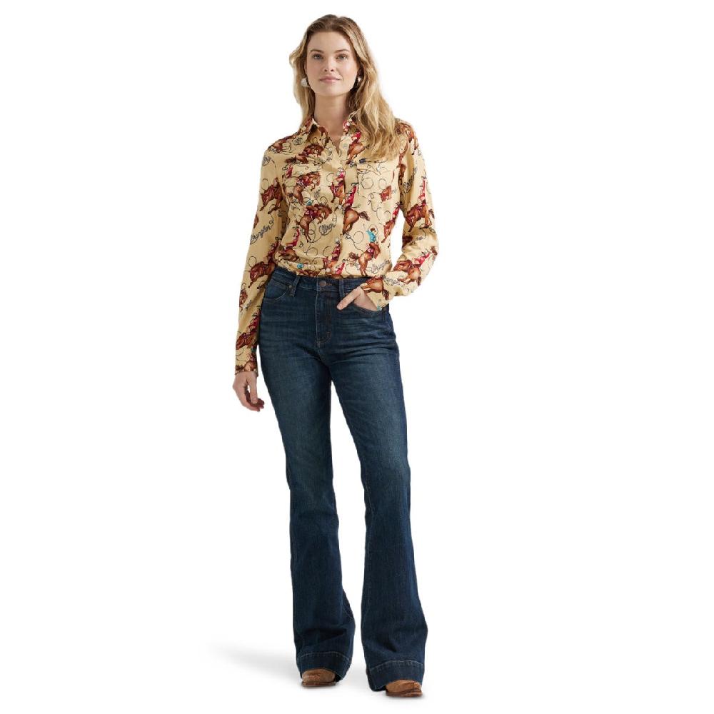 Le Bos Wrangler Tan With Print Women's Collared Longsleeve Saddle Up Slim Fit Shirt 112356642