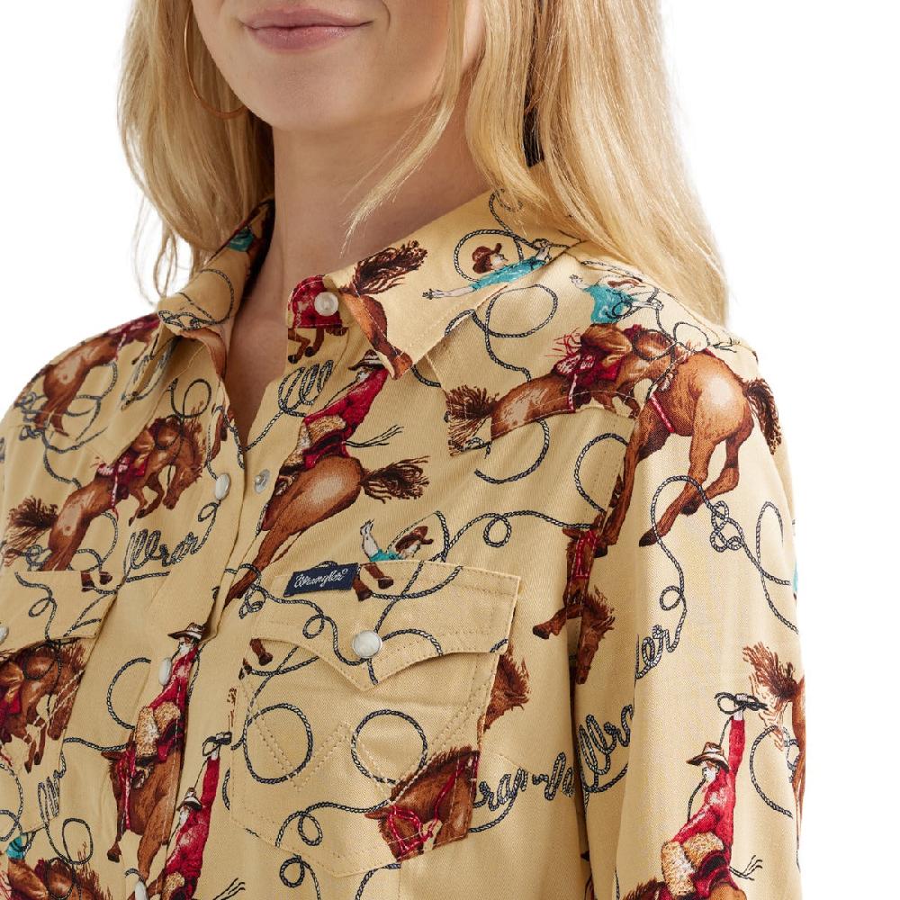 Le Bos Wrangler Tan With Print Women's Collared Longsleeve Saddle Up Slim Fit Shirt 112356642