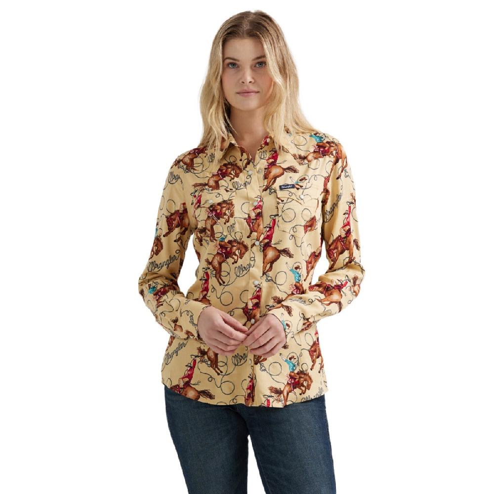le bos Wrangler Tan with Print Women's Collared Longsleeve Saddle Up Slim Fit Shirt 112356642
