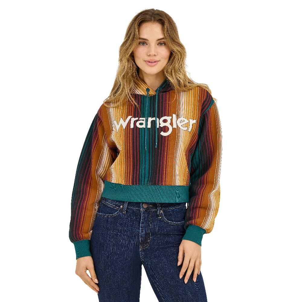 le bos Wrangler Teal Striped Serape Women's Cropped Hoodie 112371645