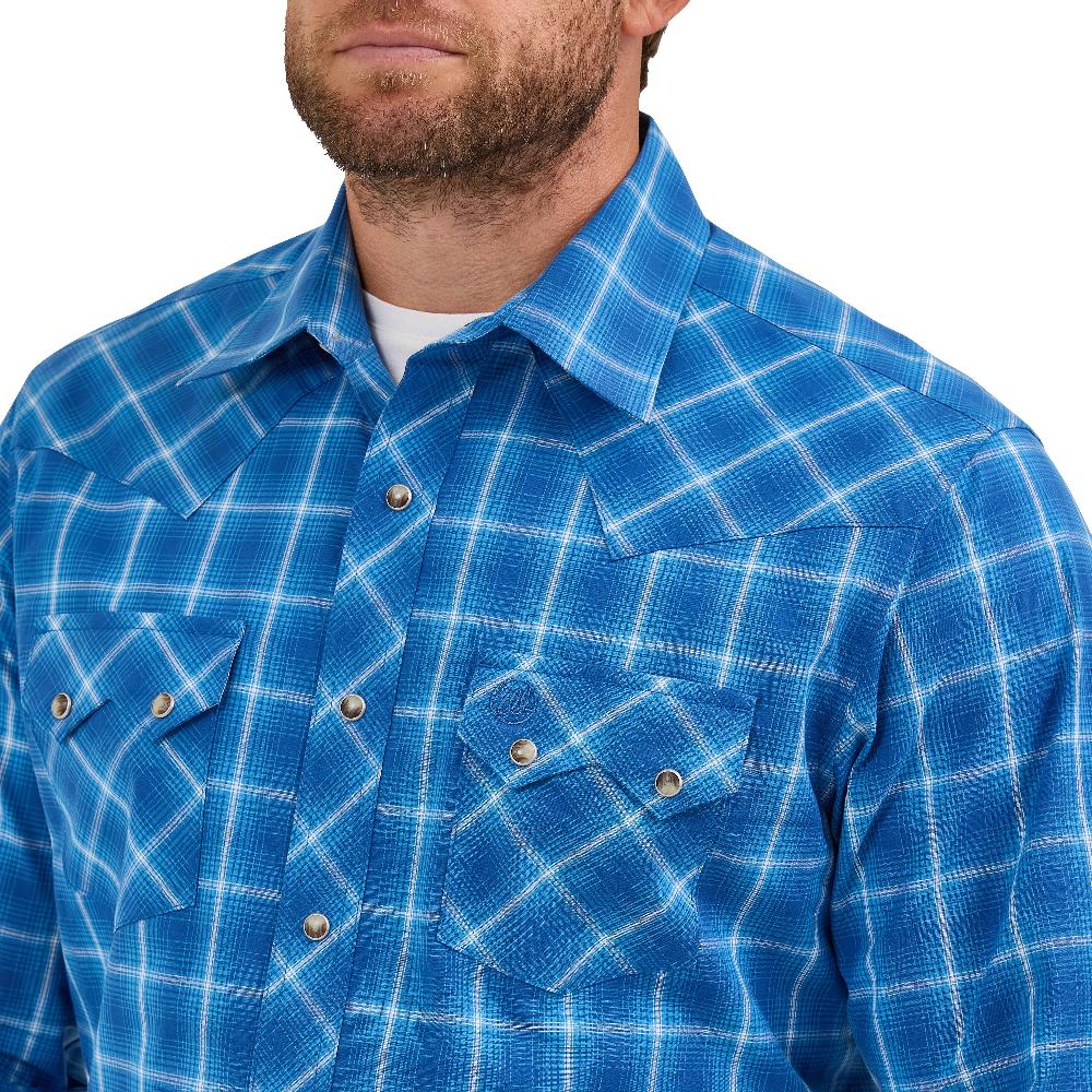 Le Bos Wrangler Truly Blue Men's Retro Long Sleeve Collared Sawtooth Snap Pocket Western Shirt 112369554