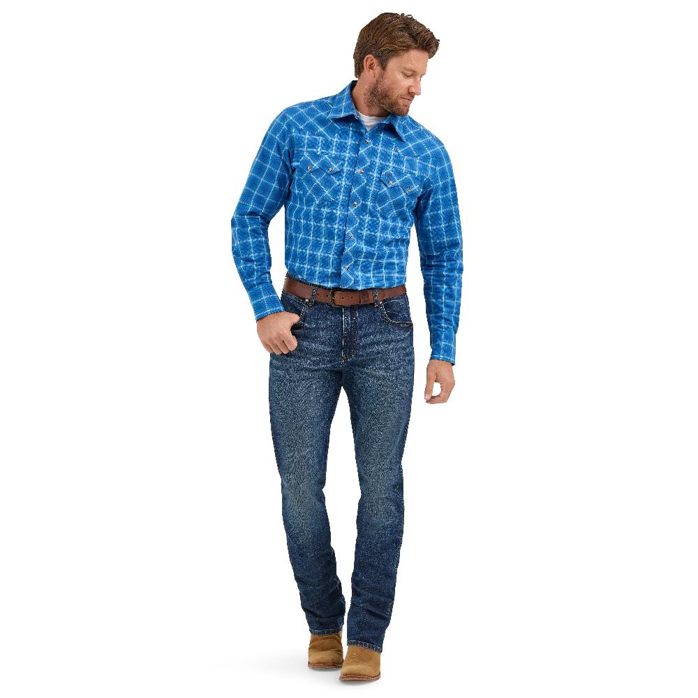 Le Bos Wrangler Truly Blue Men's Retro Long Sleeve Collared Sawtooth Snap Pocket Western Shirt 112369554