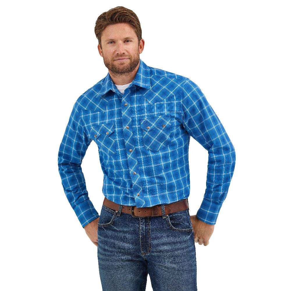 le bos Wrangler Truly Blue Men's Retro Long Sleeve Collared Sawtooth Snap Pocket Western Shirt 112369554