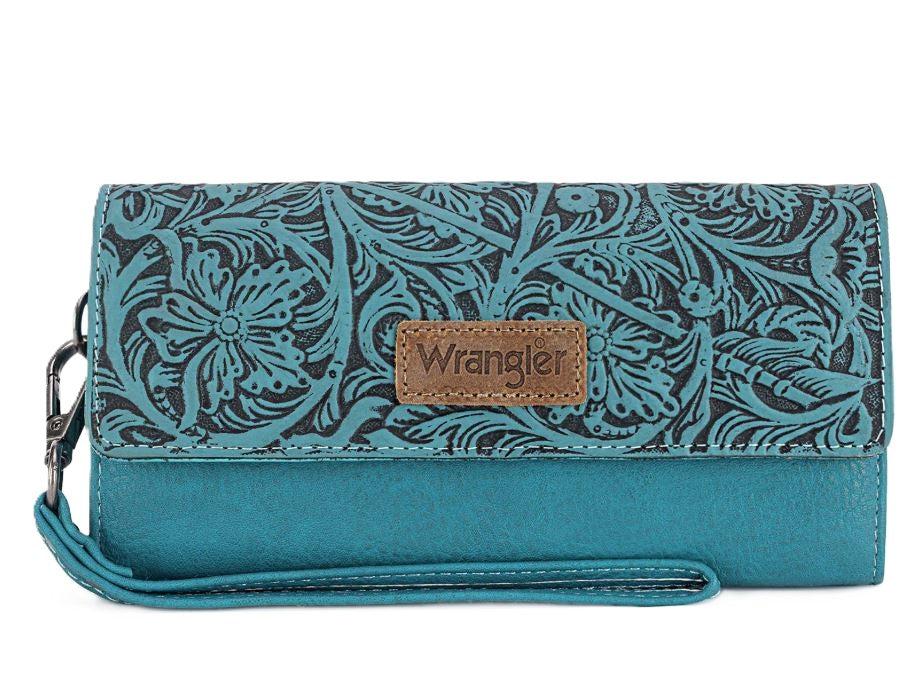 Le Bos Wrangler Turquoise Western Floral Tooled Tri-Fold RFID Wallet/Wristlet WG196-W056TQ