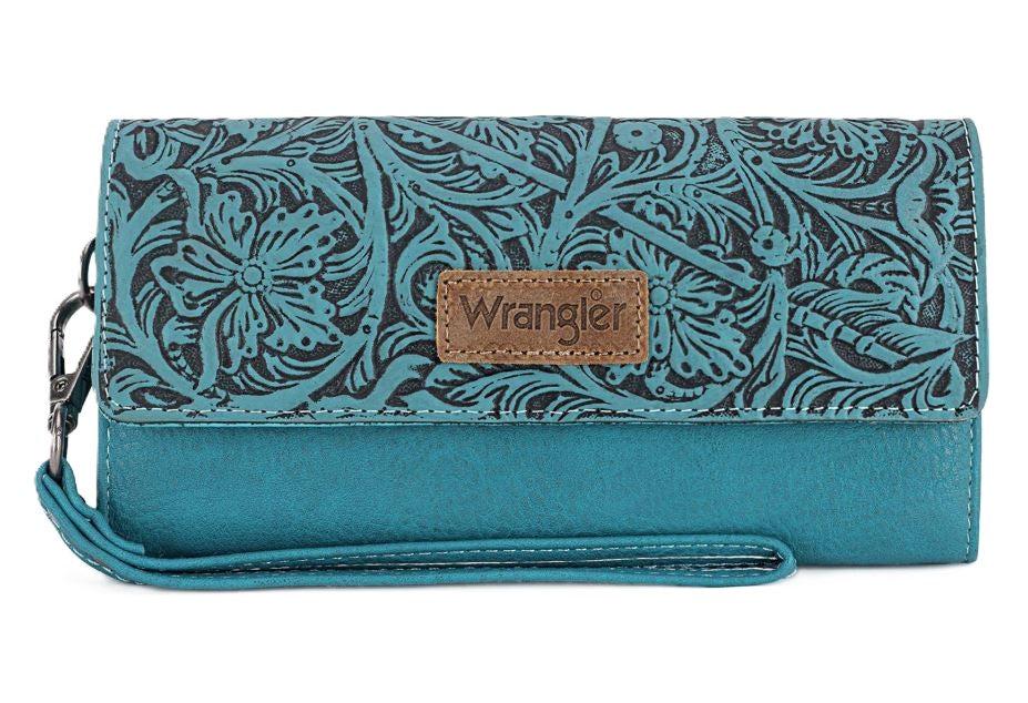 le bos Wrangler Turquoise Western Floral Tooled Tri-Fold RFID Wallet/Wristlet WG196-W056TQ