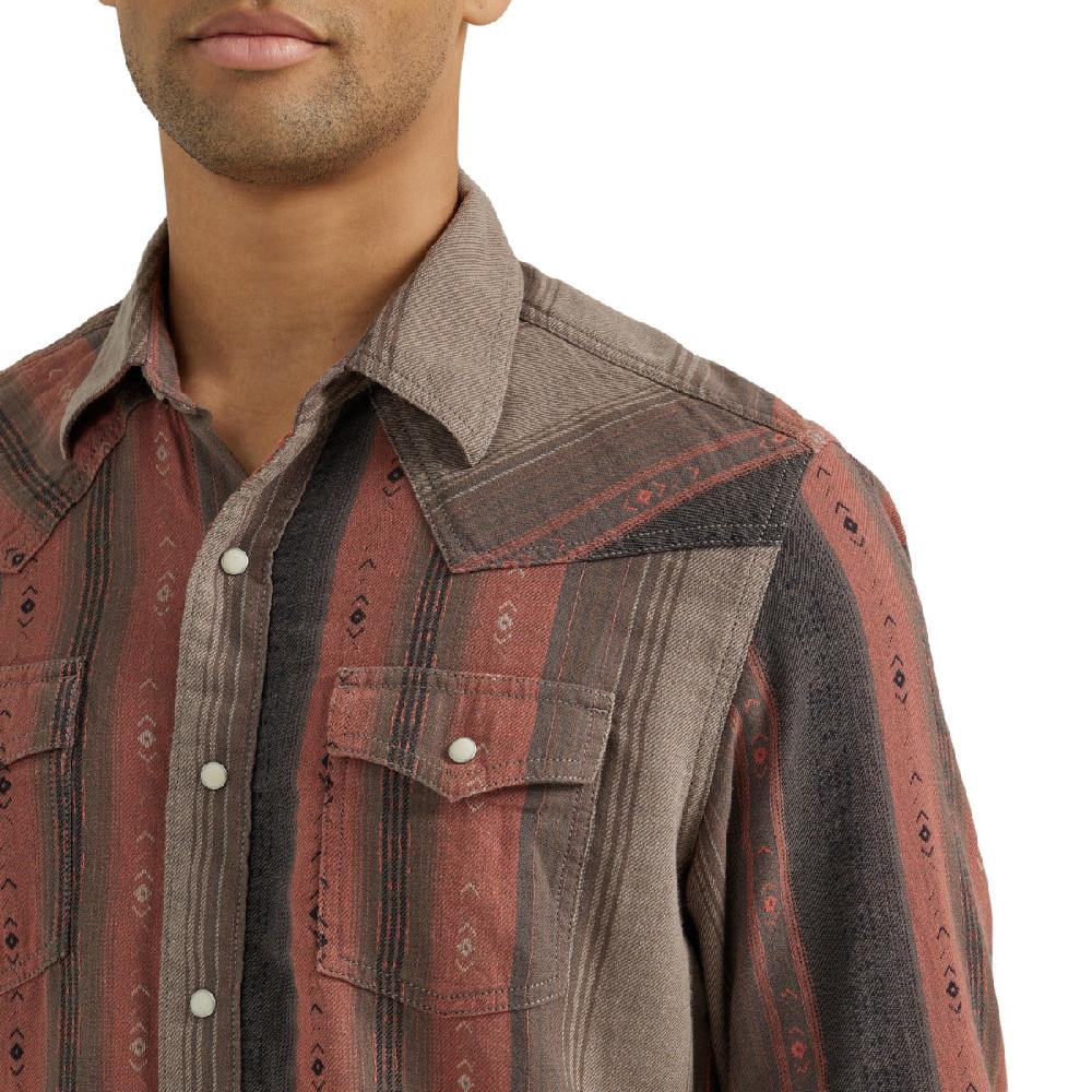 Le Bos Wrangler Warm Stripe Retro Premium Men's Collared Long Sleeve Printed Snap Shirt 112356554