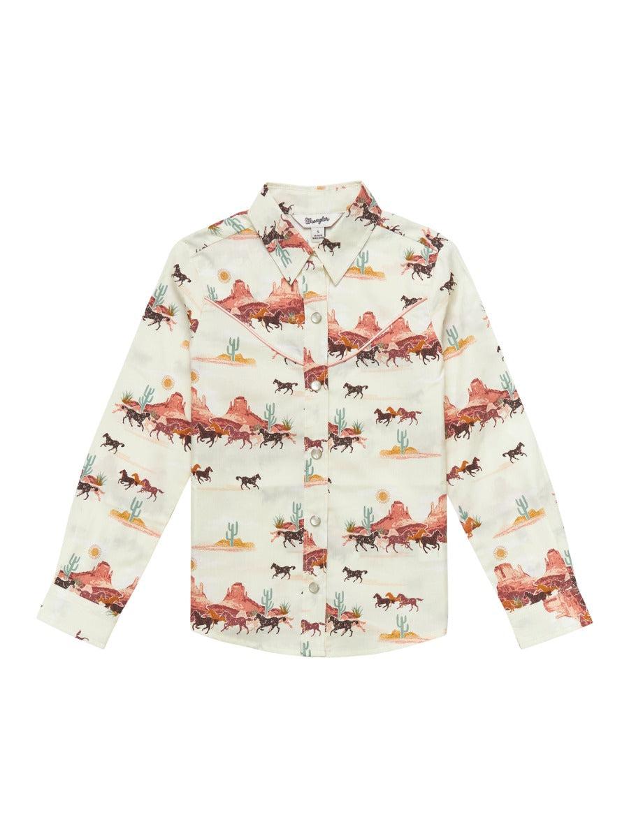 le bos Wrangler White Multi (with mustang print) Girls Collared Longsleeve Western Snap Shirt 112353033