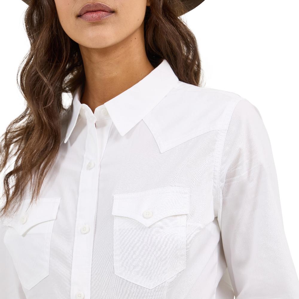 Le Bos Wrangler White Retro Long Sleeve Women's Solid Button Front Shirt 112358013