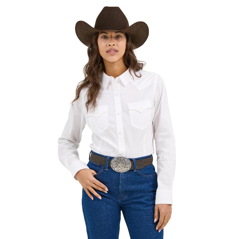 le bos Wrangler White Retro Long Sleeve Women's Solid Button Front Shirt 112358013