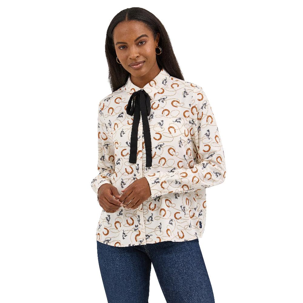 le bos Wrangler White Tie Neck Women's Blouse 112371697