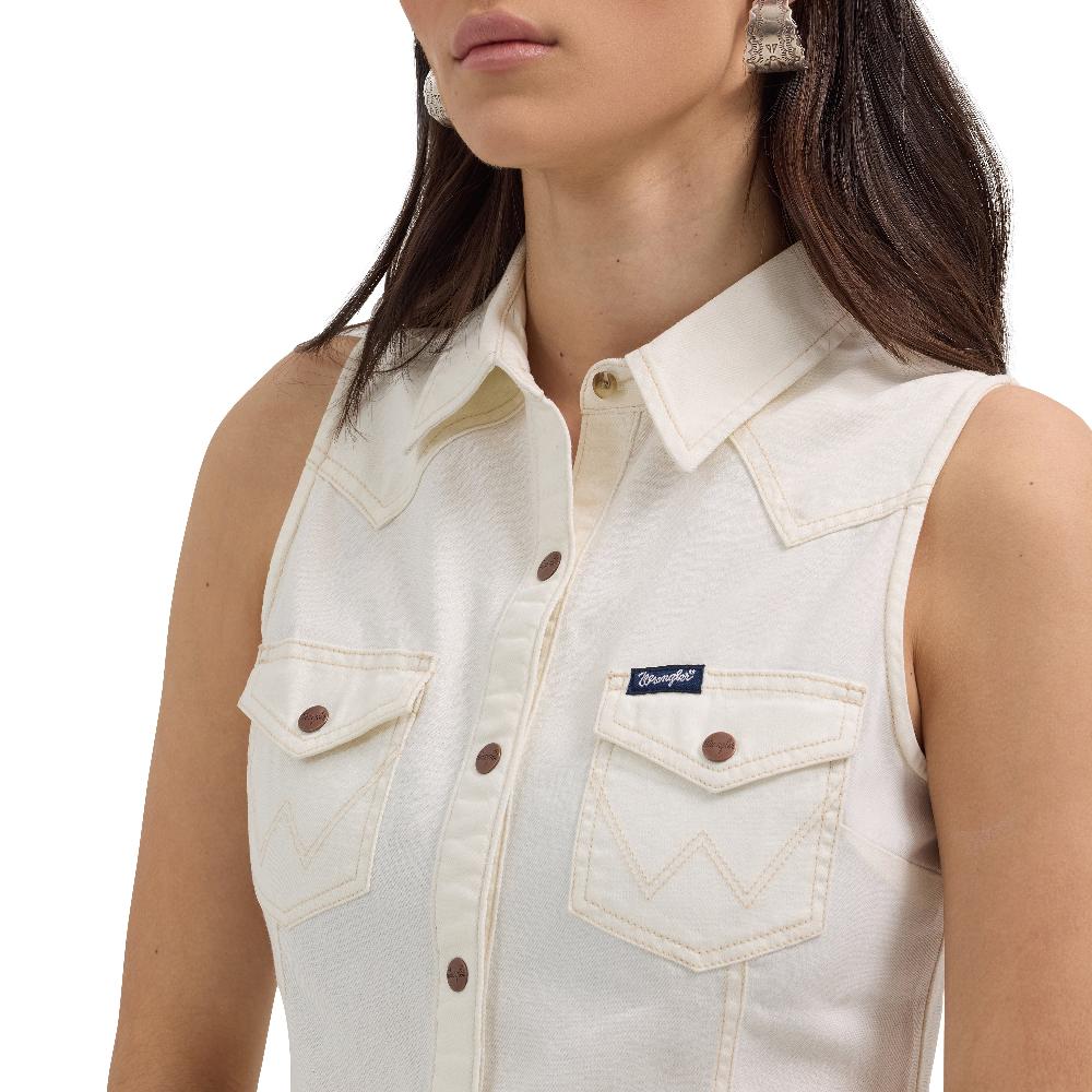 Le Bos Wrangler White Western Snap Women's Collared Sleeveless Shift Dress 112364413