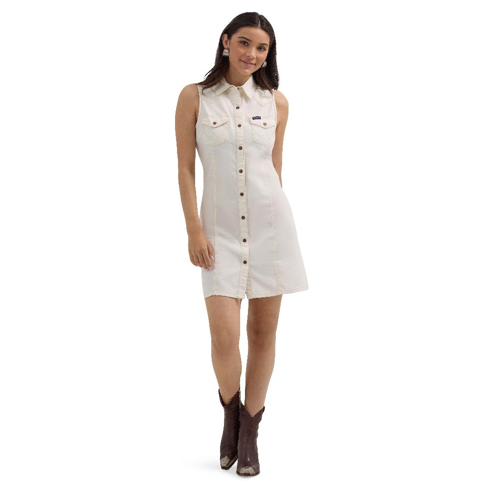 le bos Wrangler White Western Snap Women's Collared Sleeveless Shift Dress 112364413