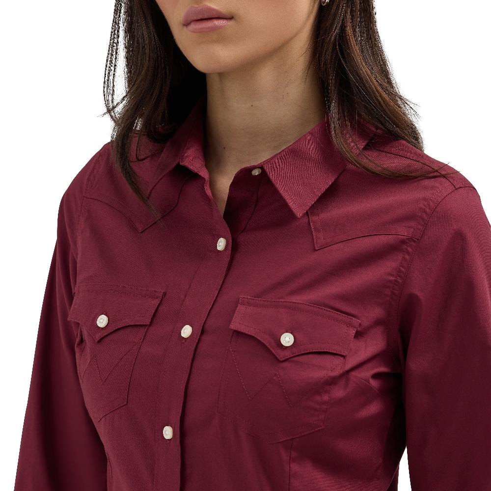 Le Bos Wrangler Windsor Wine Retro Women's Collared Long Sleeve Solid Shirt 112358014