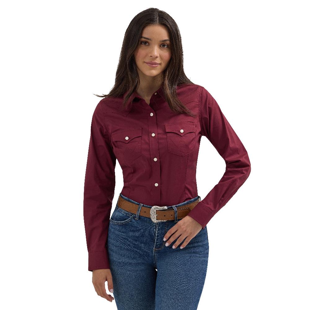 le bos Wrangler Windsor Wine Retro Women's Collared Long Sleeve Solid Shirt 112358014