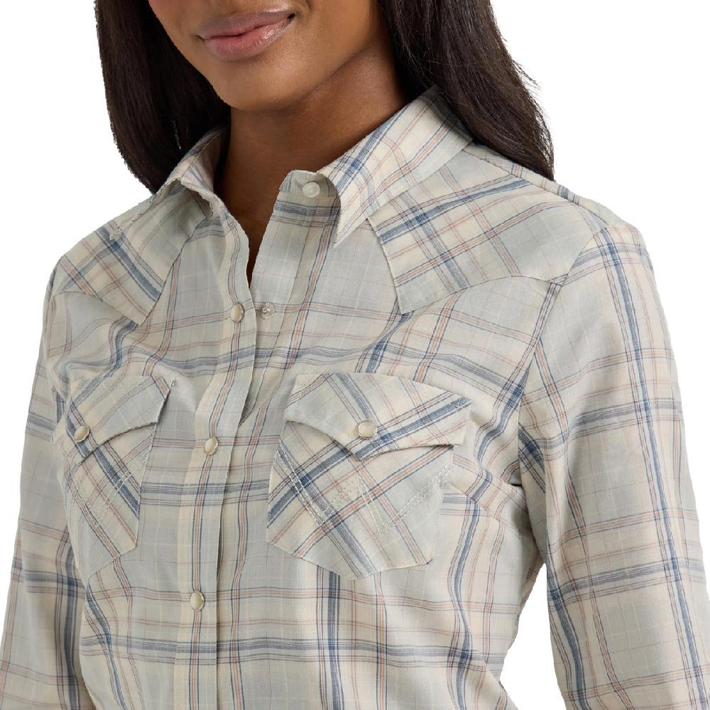 Le Bos Wrangler Wispy Blue Plaid Retro Women's Collared Longsleeve Western Snap Shirt 112360738