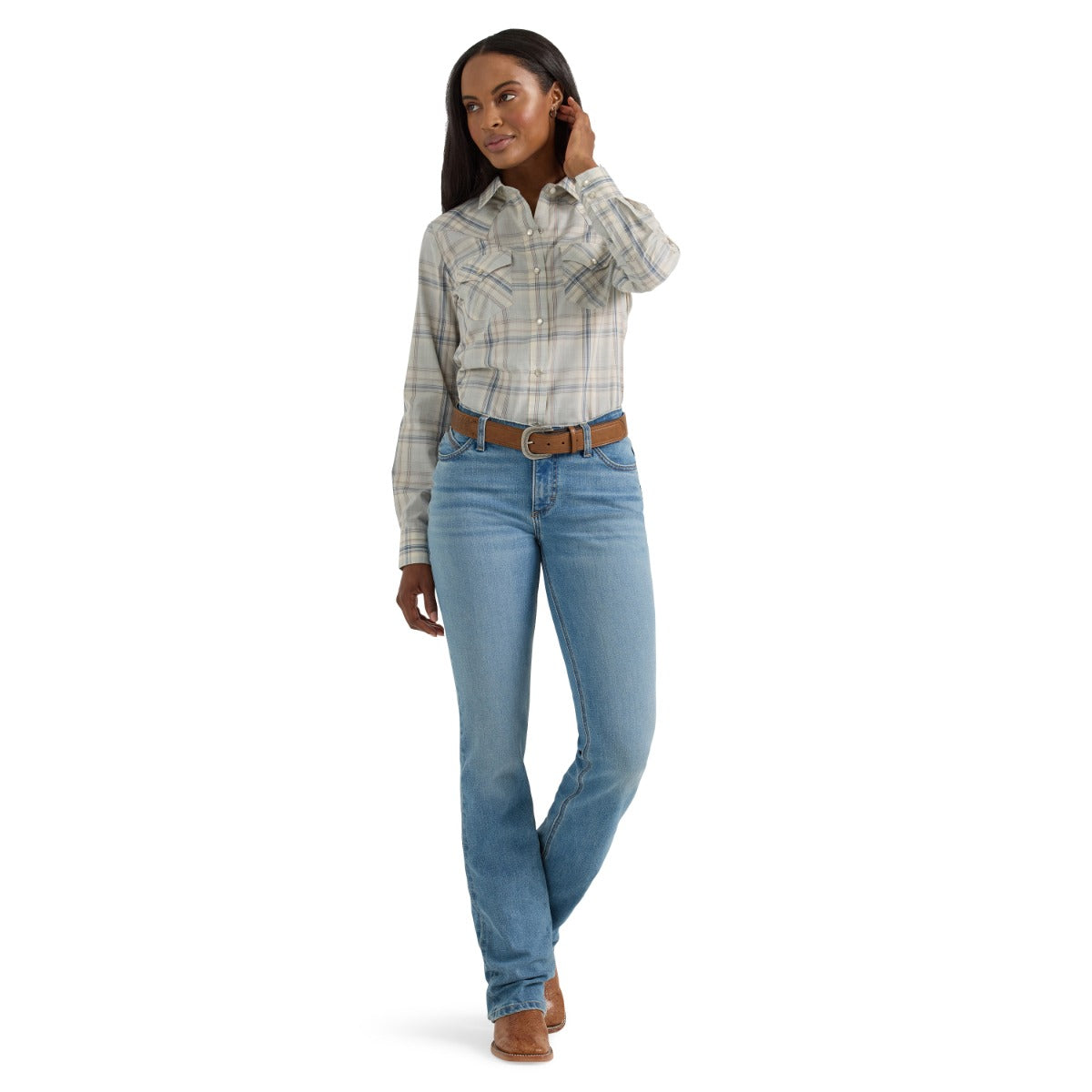 Le Bos Wrangler Wispy Blue Plaid Retro Women's Collared Longsleeve Western Snap Shirt 112360738