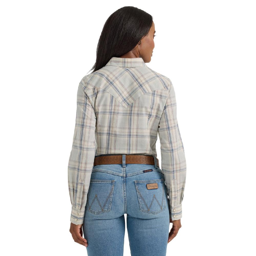 Le Bos Wrangler Wispy Blue Plaid Retro Women's Collared Longsleeve Western Snap Shirt 112360738