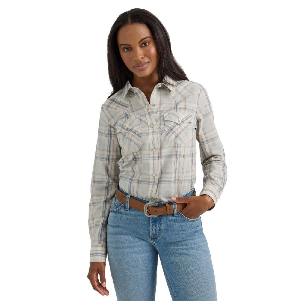 le bos Wrangler Wispy Blue Plaid Retro Women's Collared Longsleeve Western Snap Shirt 112360738