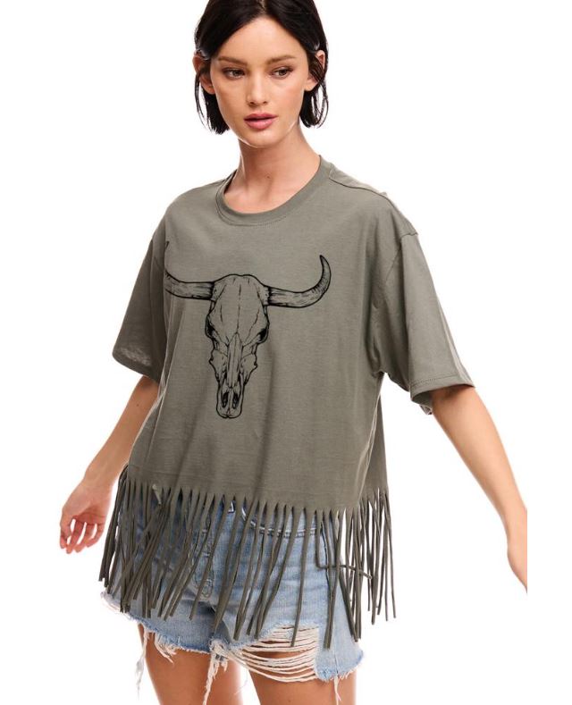 le bos Zutter Olive Vintage Longhorn Women's Relaxed Fit Tee Shirt with Fringe K1525-2938-OLV
