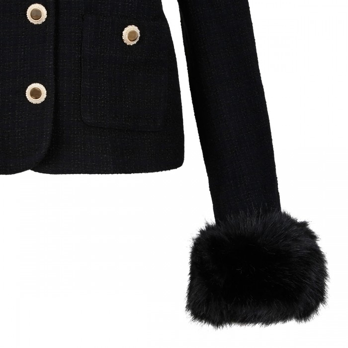Le Noir Cortina Black Bouclé Fur Cuff Jacket